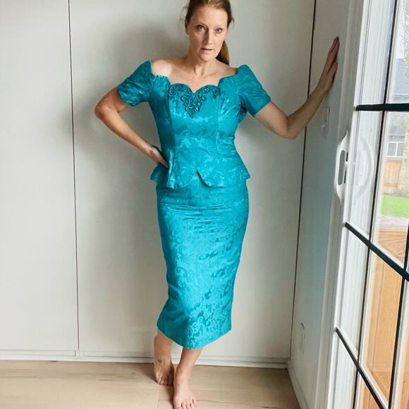 Vintage 90s Prom Party Dress Size 4 Pencil Peplum Size 4 Scott McClintock Brocad - Picture 6 of 11